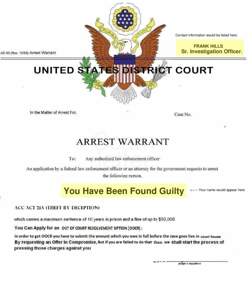 Image of a fake arrest warrant
