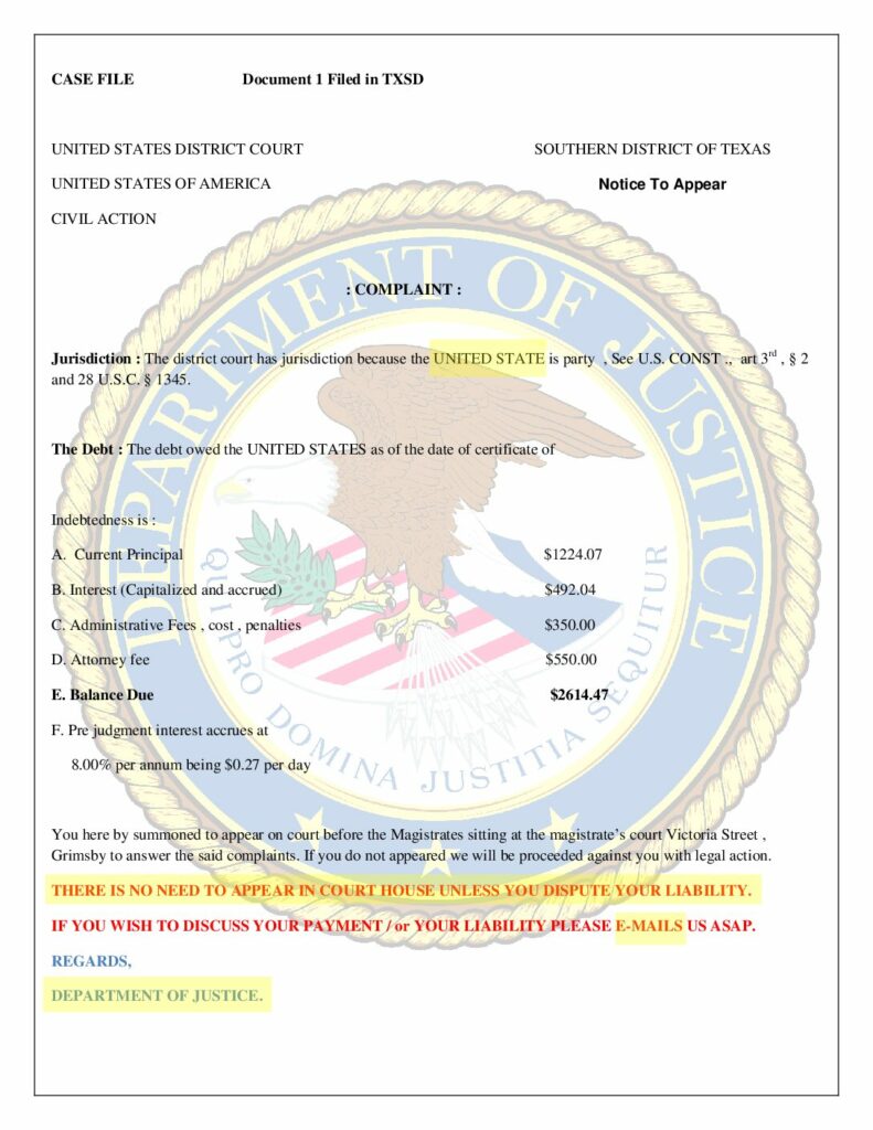 Image of a fake order to appear in U.S. District Court.